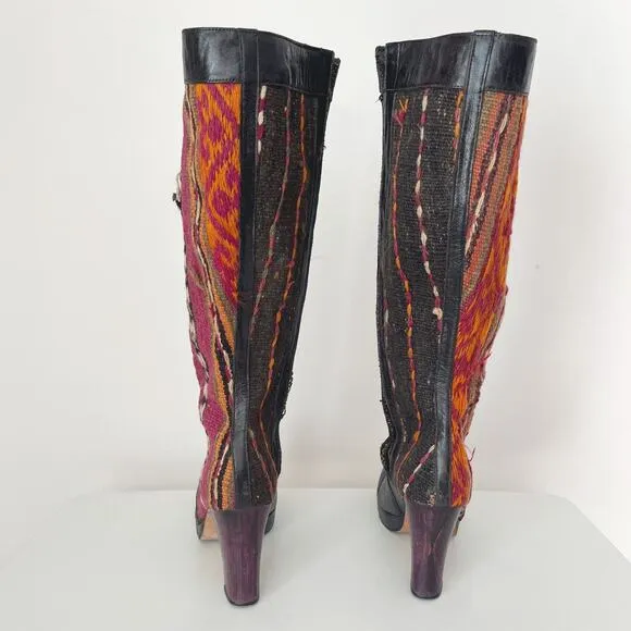 Calleen Cordero Kilim Rug Wool Leather Heeled Boots Size 7.5