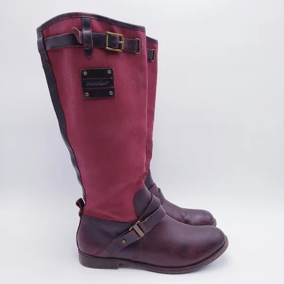Caterpillar Women's 7 Burgundy Canvas Brown Leather Saddle Riding Boots