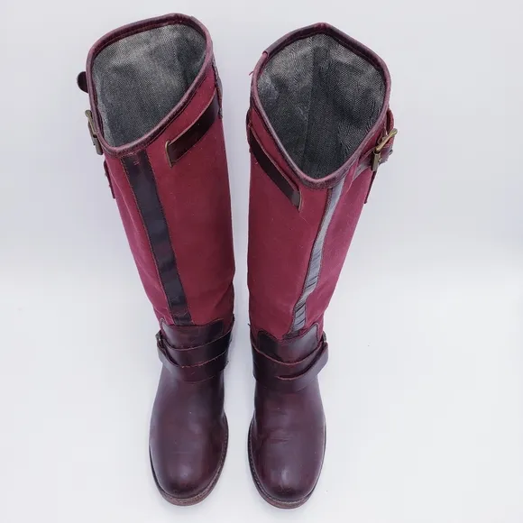 Caterpillar Women's 7 Burgundy Canvas Brown Leather Saddle Riding Boots