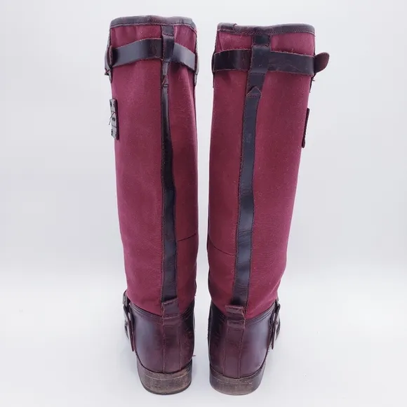 Caterpillar Women's 7 Burgundy Canvas Brown Leather Saddle Riding Boots