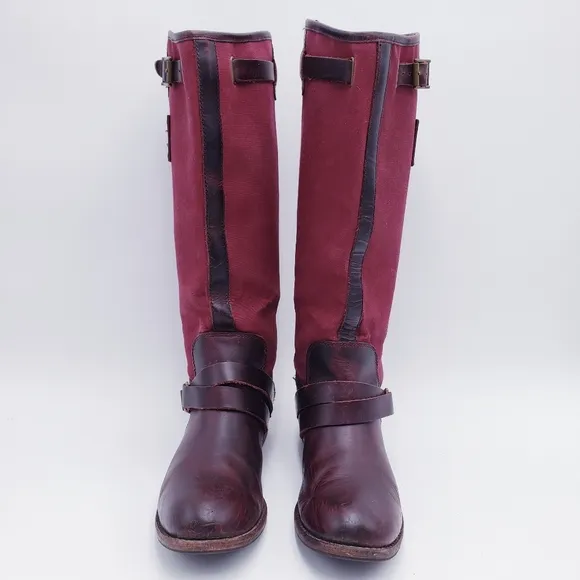 Caterpillar Women's 7 Burgundy Canvas Brown Leather Saddle Riding Boots