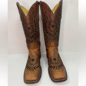 Cavender's Brown Leather Glitter Angel Wings Western Boots Size 8B.