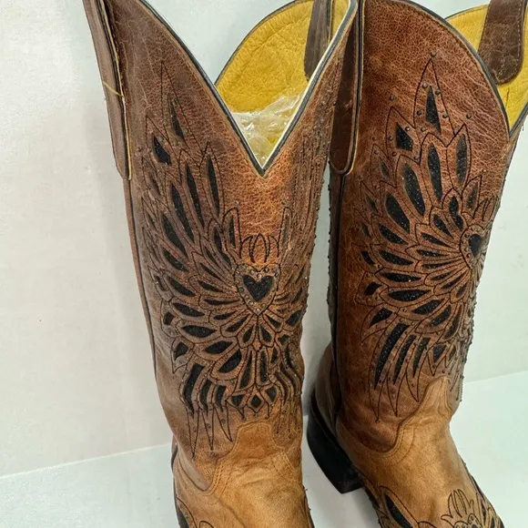 Cavender's Brown Leather Glitter Angel Wings Western Boots Size 8B.