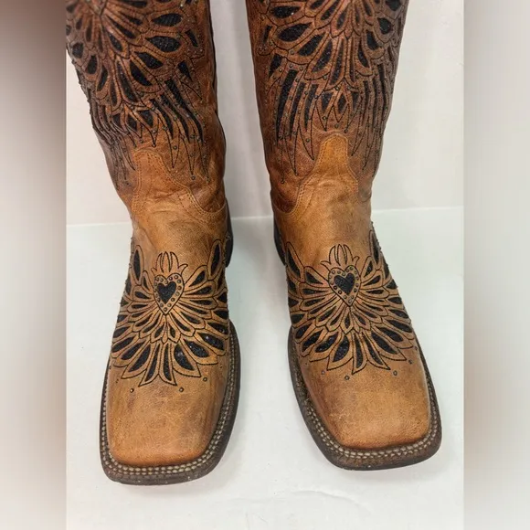 Cavender's Brown Leather Glitter Angel Wings Western Boots Size 8B.