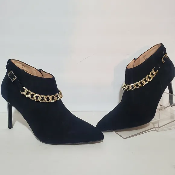 Cecelia New York Zane black suede leather gold chain stiletto ankle boots 8 NWB