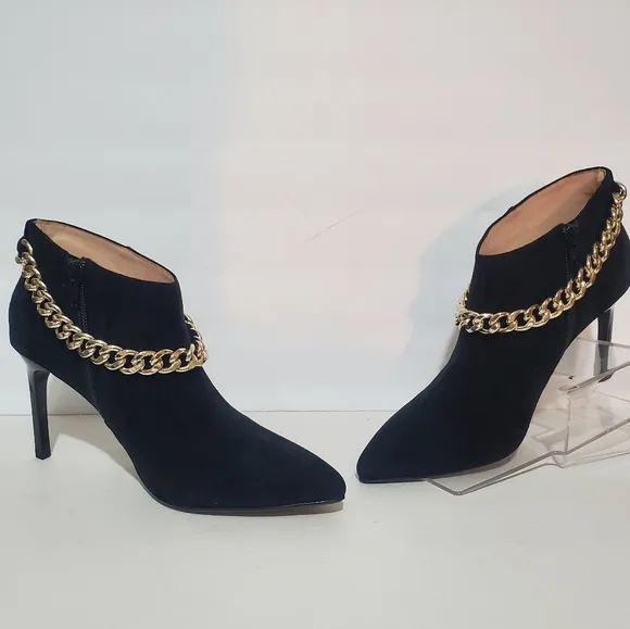 Cecelia New York Zane black suede leather gold chain stiletto ankle boots 8 NWB