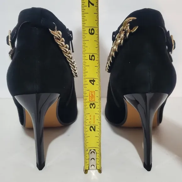Cecelia New York Zane black suede leather gold chain stiletto ankle boots 8 NWB