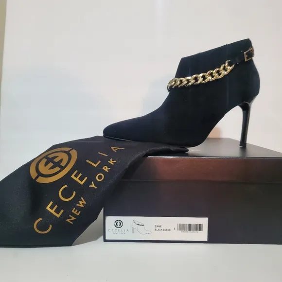 Cecelia New York Zane black suede leather gold chain stiletto ankle boots 8 NWB