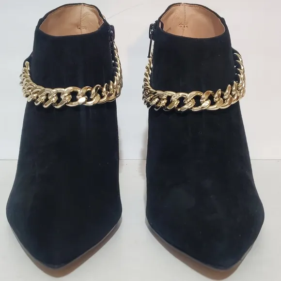 Cecelia New York Zane black suede leather gold chain stiletto ankle boots 8 NWB