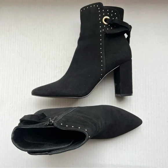 Chelsea &amp; Violet Miley Black Suede Block Heel Ankle Boots w/ Gold Rivets Sz 8.5