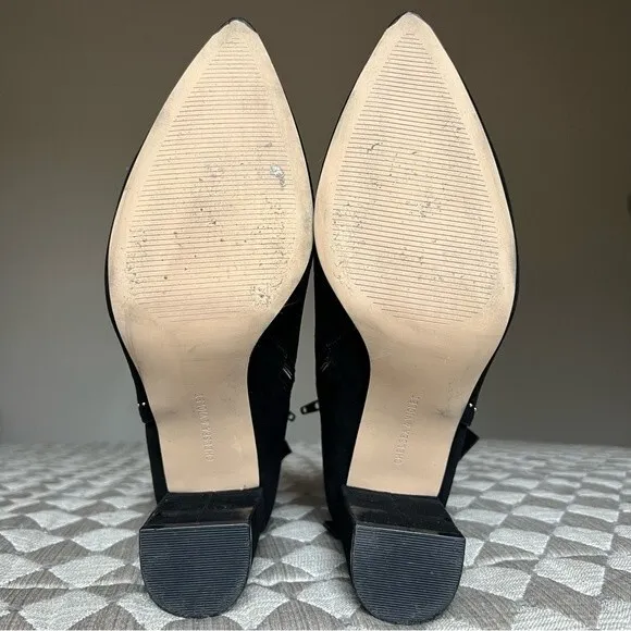 Chelsea &amp; Violet Miley Black Suede Block Heel Ankle Boots w/ Gold Rivets Sz 8.5