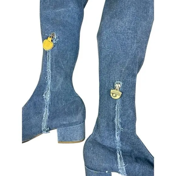 Chiara Ferragni Denim Over The Knee Boots Gold Stars Eyes Embroidery 39 US 9
