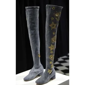 Chiara Ferragni Denim Over The Knee Boots Gold Stars Eyes Embroidery 39 US 9