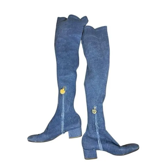 Chiara Ferragni Denim Over The Knee Boots Gold Stars Eyes Embroidery 39 US 9
