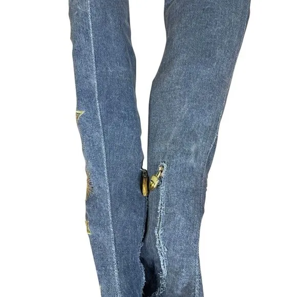 Chiara Ferragni Denim Over The Knee Boots Gold Stars Eyes Embroidery 39 US 9