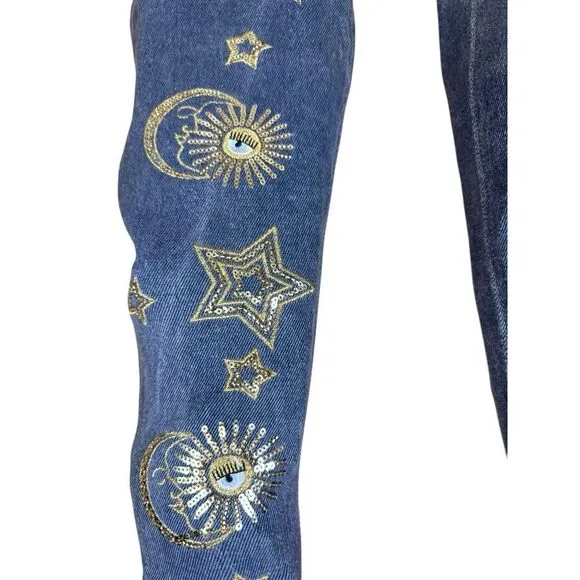 Chiara Ferragni Denim Over The Knee Boots Gold Stars Eyes Embroidery 39 US 9