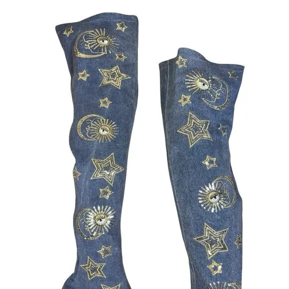 Chiara Ferragni Denim Over The Knee Boots Gold Stars Eyes Embroidery 39 US 9