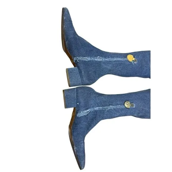 Chiara Ferragni Denim Over The Knee Boots Gold Stars Eyes Embroidery 39 US 9
