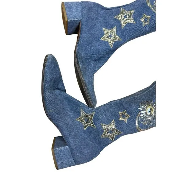 Chiara Ferragni Denim Over The Knee Boots Gold Stars Eyes Embroidery 39 US 9