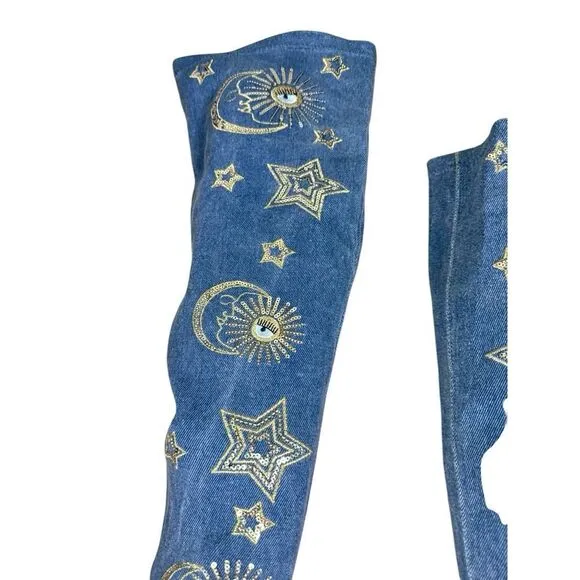 Chiara Ferragni Denim Over The Knee Boots Gold Stars Eyes Embroidery 39 US 9