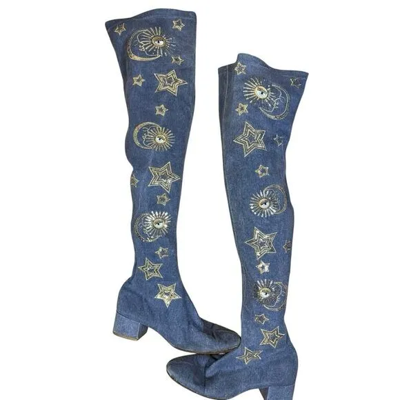 Chiara Ferragni Denim Over The Knee Boots Gold Stars Eyes Embroidery 39 US 9