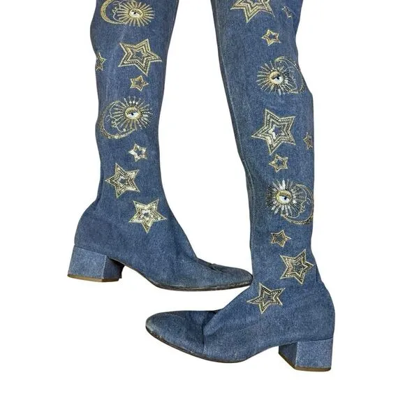 Chiara Ferragni Denim Over The Knee Boots Gold Stars Eyes Embroidery 39 US 9