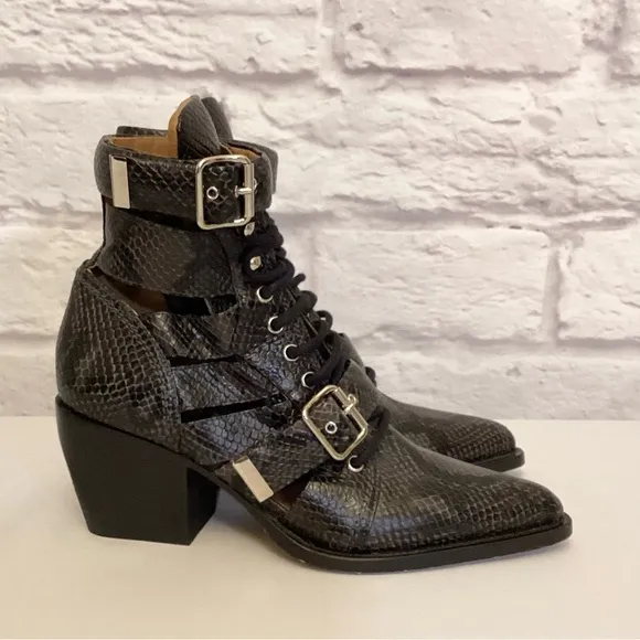 Chloe 10 (40) Rylee Snakeskin Leather Women’s Ankle Boots Booties Gray Black