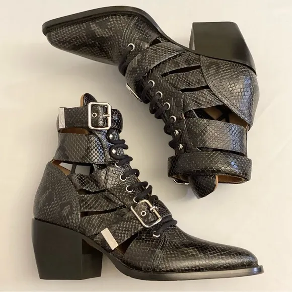 Chloe 10 (40) Rylee Snakeskin Leather Women’s Ankle Boots Booties Gray Black