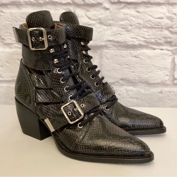 Chloe 10 (40) Rylee Snakeskin Leather Women’s Ankle Boots Booties Gray Black