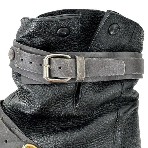 Chloe Black &amp; Gray Leather MOTO Double Buckle Ankle Boots Size 35.5
