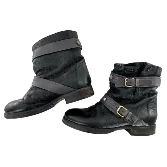 Chloe Black &amp; Gray Leather MOTO Double Buckle Ankle Boots Size 35.5