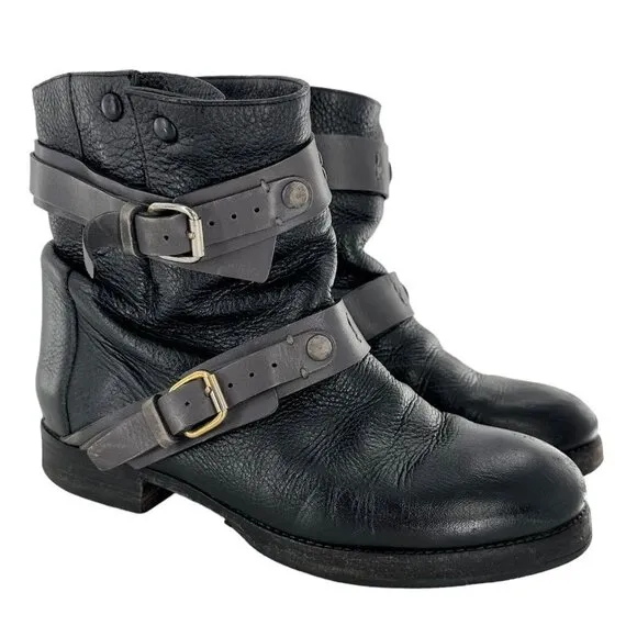 Chloe Black &amp; Gray Leather MOTO Double Buckle Ankle Boots Size 35.5