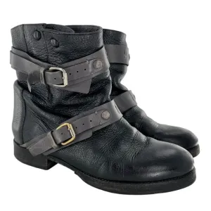 Chloe Black &amp; Gray Leather MOTO Double Buckle Ankle Boots Size 35.5