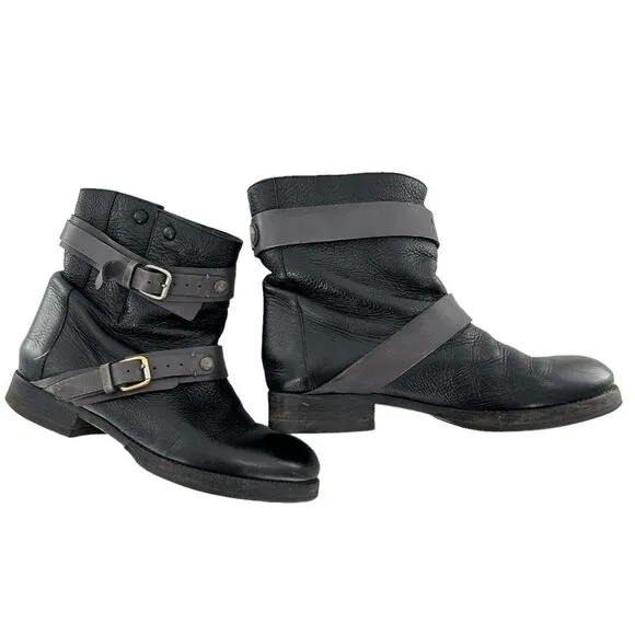 Chloe Black &amp; Gray Leather MOTO Double Buckle Ankle Boots Size 35.5