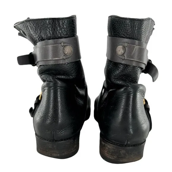 Chloe Black &amp; Gray Leather MOTO Double Buckle Ankle Boots Size 35.5