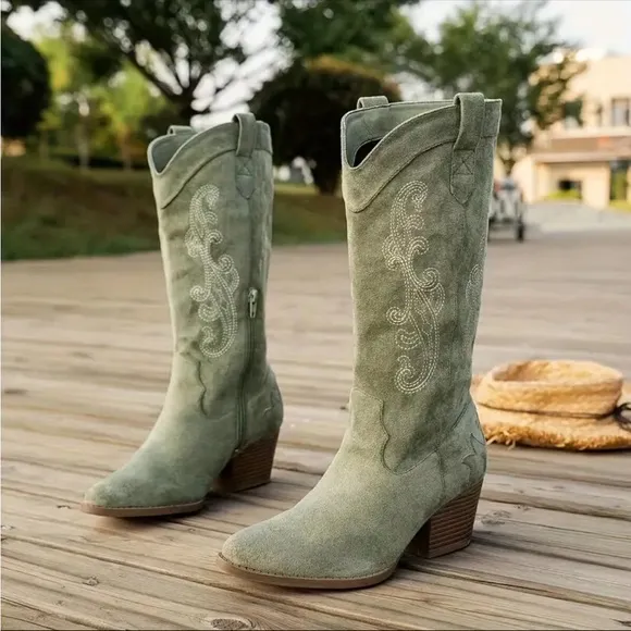 Chunky Block Heel Cowboy Boots - Pointed Toe, Side Zipper