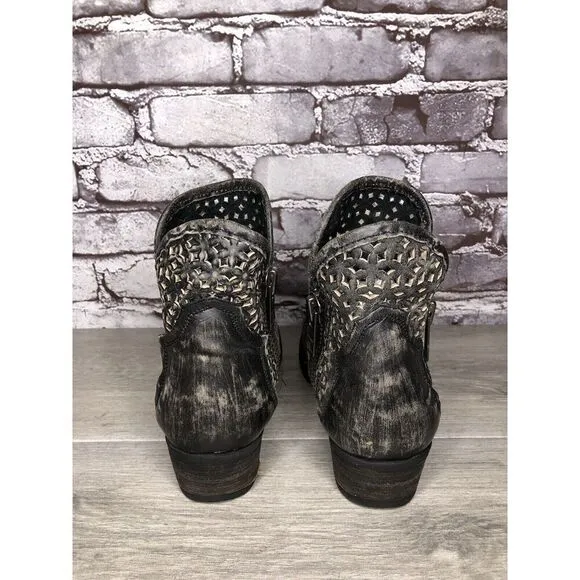 Circle G by Corral Black Leather Cut Out Distressed Heel Ankle Boots Women 9.5M