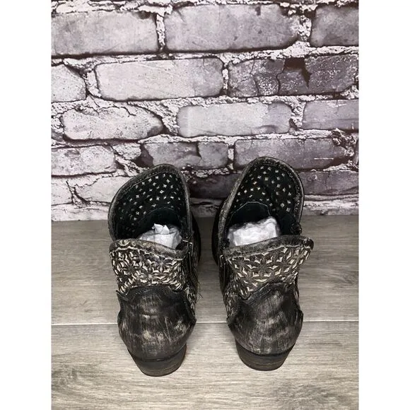 Circle G by Corral Black Leather Cut Out Distressed Heel Ankle Boots Women 9.5M
