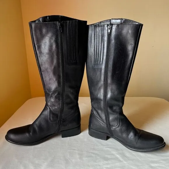 Clarks Black Leather Knee High Riding Boots Round Toe Zip Up Women's 7