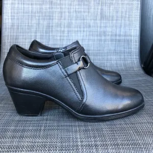 Clarks Emily 2 Erin Pump Leather Black Ankle Boots Chunky Heel women’s size 5.5