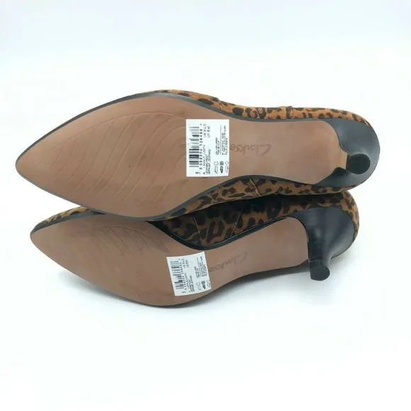 Clarks Linvale Judith Ankle Boots Suede Leopard Print Pointed Toe Heel Brown 6
