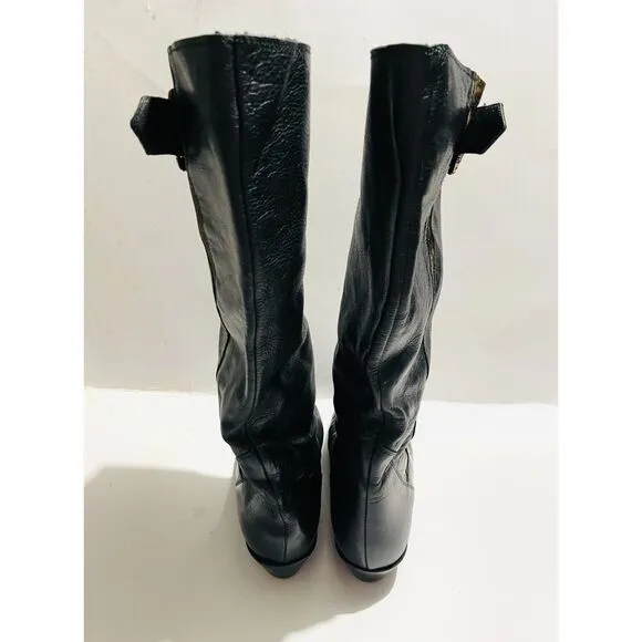 Claud Foam riding leather boots Italy black animal print gold buckle women 10.5
