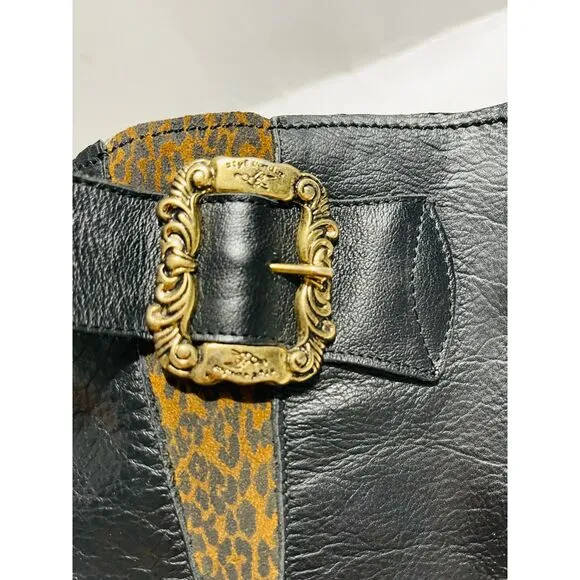Claud Foam riding leather boots Italy black animal print gold buckle women 10.5
