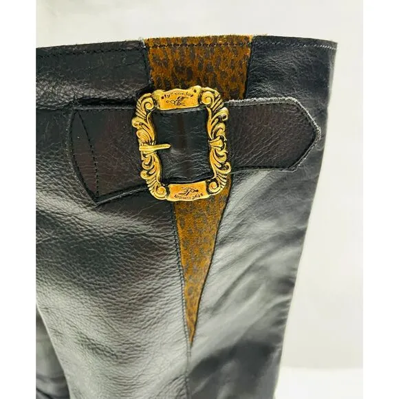 Claud Foam riding leather boots Italy black animal print gold buckle women 10.5
