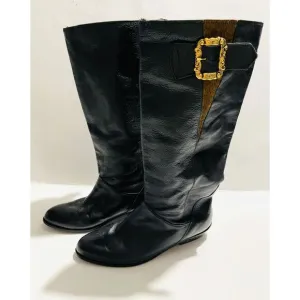 Claud Foam riding leather boots Italy black animal print gold buckle women 10.5