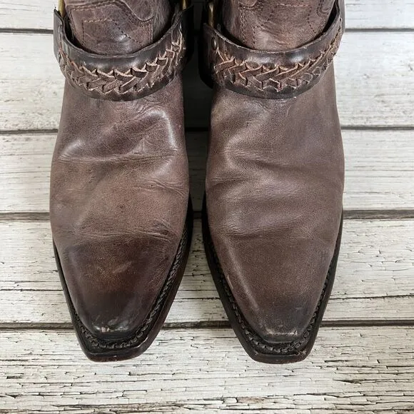 Cleo   Wolf Willow Brown Leather Snip Toe Harness Western Boots, Women’s 6