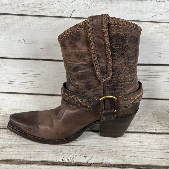 Cleo   Wolf Willow Brown Leather Snip Toe Harness Western Boots, Women’s 6