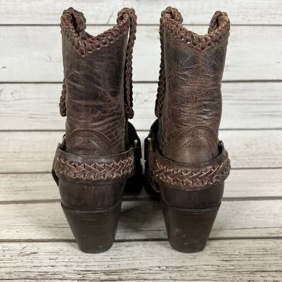 Cleo   Wolf Willow Brown Leather Snip Toe Harness Western Boots, Women’s 6