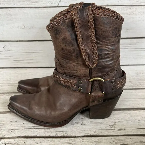 Cleo   Wolf Willow Brown Leather Snip Toe Harness Western Boots, Women’s 6