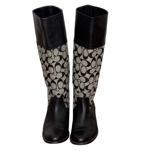 Coach Chrissi Logo Embossed Black Riding Boots Size 7.5